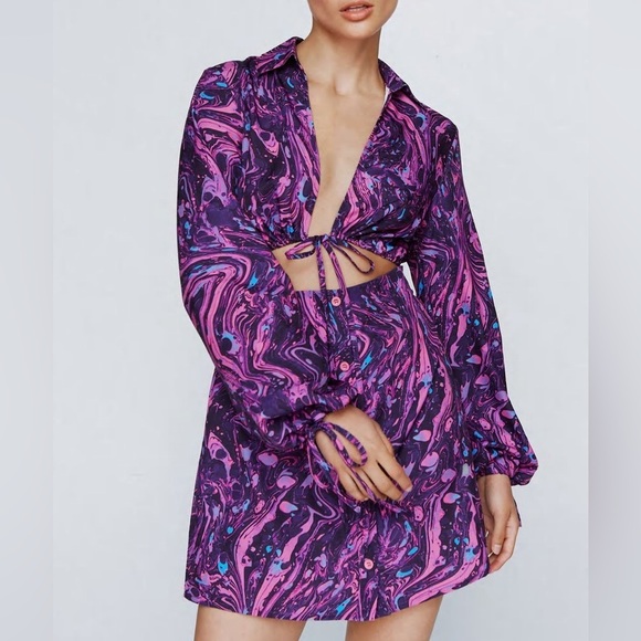 Nasty Gal Dresses & Skirts - New Marble Print Tie Shirt Dress‎